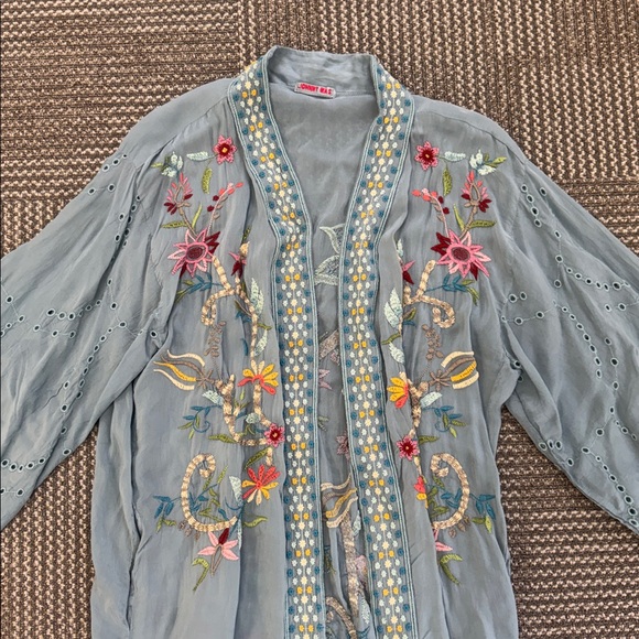 Johnny Was Summer Embroidered Light Blue Long Kimono, One Size - Picture 5 of 8